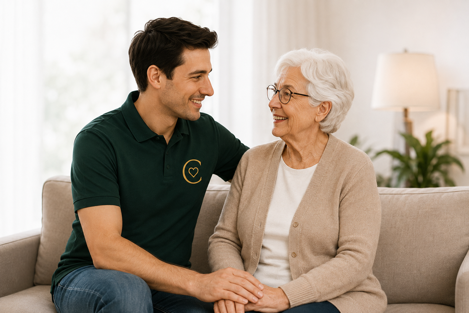 Ein Concierge begleitet eine Seniorin freundlich im Alltag